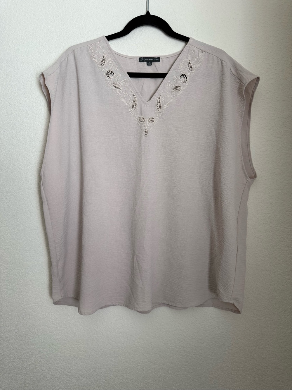 Adrianna Papell Taupe V-Neck Embroidered Size XL Quiet Luxury Sleeveless Blouse